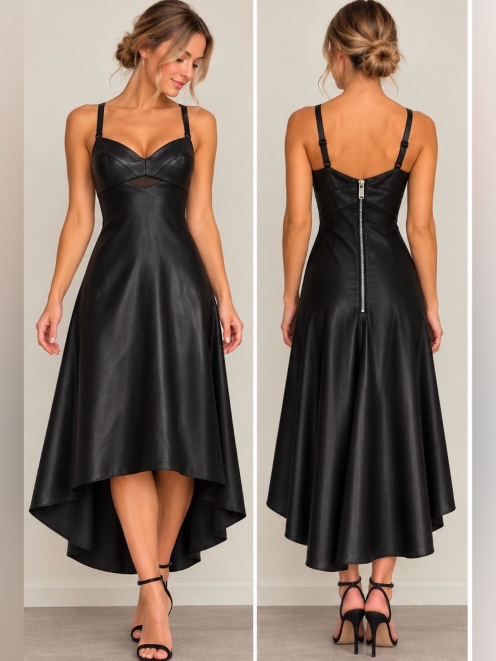 DKNY Black Faux Leather Trim Hi-Low Slip Dress Women’s Size 0 NWT